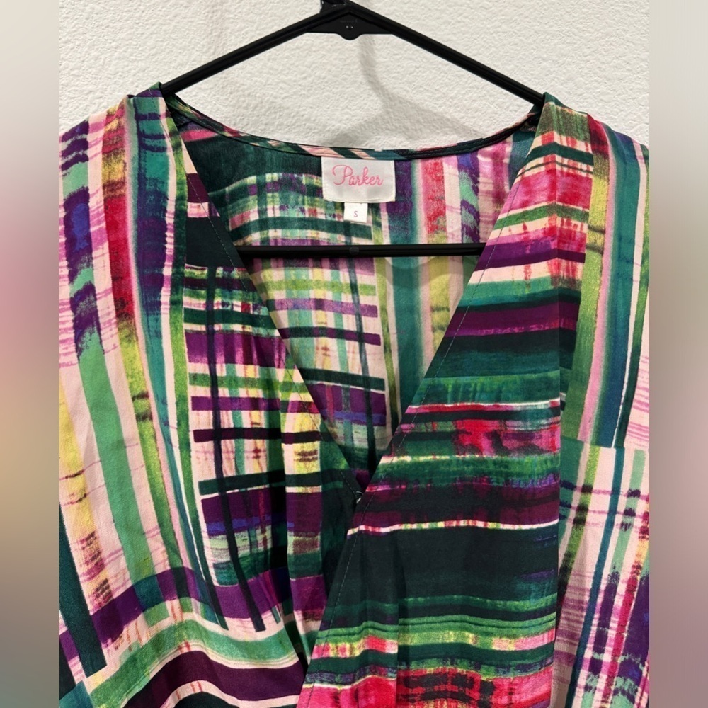 Parker 100% Silk Faux Wrap Surplice Neckline Long Sleeve Mini Colorful Dress S - Picture 3 of 14